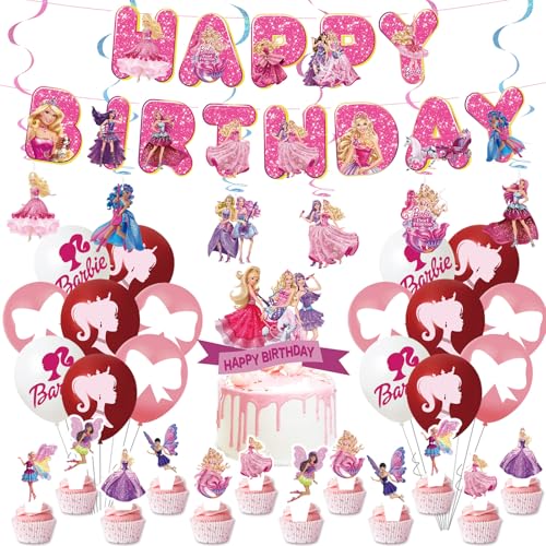 Barbi Geburtstagsdeko Mädchen Rosa Kindergeburtstag Deko- Prinzessin Balloon Geburtstag Deko Cartoon Happy Birthday Banner Luftballons Girlande Tortendeko Folienballon für Kinder Ballon Party Deko von Luchild