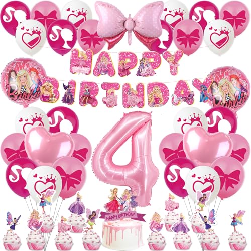 Barbi Geburtstagsdeko Mädchen 4 Jahre Kindergeburtstag Deko- Rosa Prinzessin Balloon Geburtstag Deko Happy Birthday Banner Luftballons Girlande Tortendeko Folienballon für Kinder Ballon Party Deko von Luchild