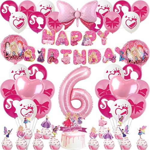 Barbi Geburtstagsdeko Mädchen 6 Jahre Kindergeburtstag Deko- Rosa Prinzessin Balloon Geburtstag Deko Happy Birthday Banner Luftballons Girlande Tortendeko Folienballon für Kinder Ballon Party Deko von Luchild