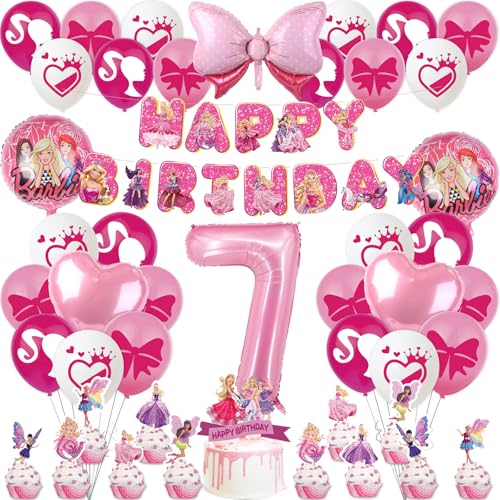 Barbi Geburtstagsdeko Mädchen 7 Jahre Kindergeburtstag Deko- Rosa Prinzessin Balloon Geburtstag Deko Happy Birthday Banner Luftballons Girlande Tortendeko Folienballon für Kinder Ballon Party Deko von Luchild