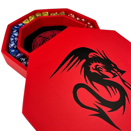 Luck Lab 8 Zoll Würfeltablett - rot - mit Deckel und Würfelstagefläche für RPG Tisch-Gaming, Drachen-Design von Luck Lab