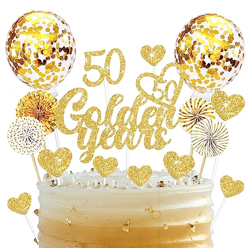 19 Stück Tortendeko Goldene Hochzeit, 50 Golden Years Cake Topper, Glitzer Goldene 50. Geburtstag Kuchendeko, Torten Topper Goldene Hochzeit Geschenke von Luckeey