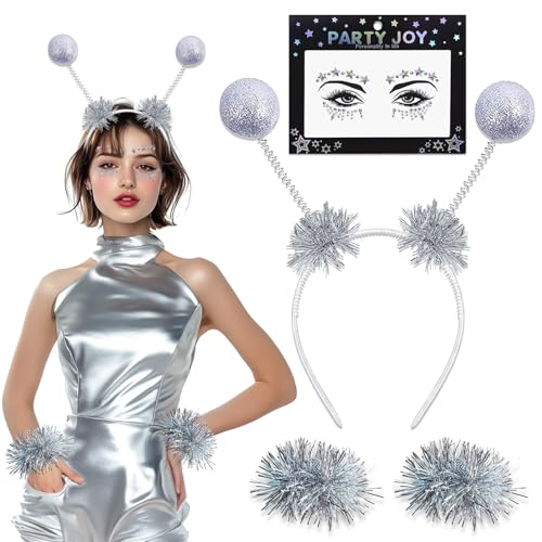 Luckeey Damen Alien Kostüm, Alien Haarreif mit Gesichtsaufkleber und Armbänder, Space Girl Kostüm Damen für Karneval, Halloween, Maskerade von Luckeey