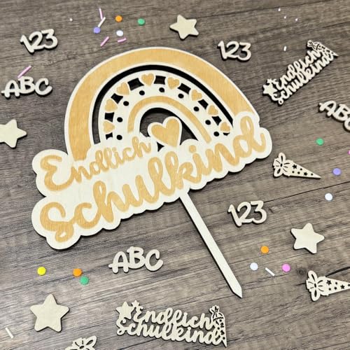 Tortendeko Einschulung, 1 Stück Endlich Schulkind Cake Topper Holz & 26 Stück Holz Schultüte ABC 123 Streudeko Tischdeko Schulanfang, Schulkind 2024 Mädchen Junge Kuchen Deko Einschulung Geschenk von Luckeey