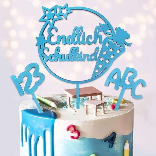 Endlich Schulkind Tortendeko Holz, Blau Tortendeko Einschulung Schulkind 2024 Cake Topper, Kuchendeko Schulanfang Schulkind Einschulung Deko für Junge von Luckeey