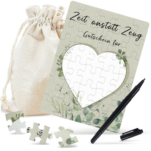 Gutschein Puzzle Geburtstagskarte 24-teilig, Zeit anstatt Zeug, Gutschein zum Selber Ausfüllen, Gutscheinkarte zum Selbstausfüllen mit Baumwoll-Säckchen und Schwarzer Stift, für Geburtstag, Einladung von Luckeey