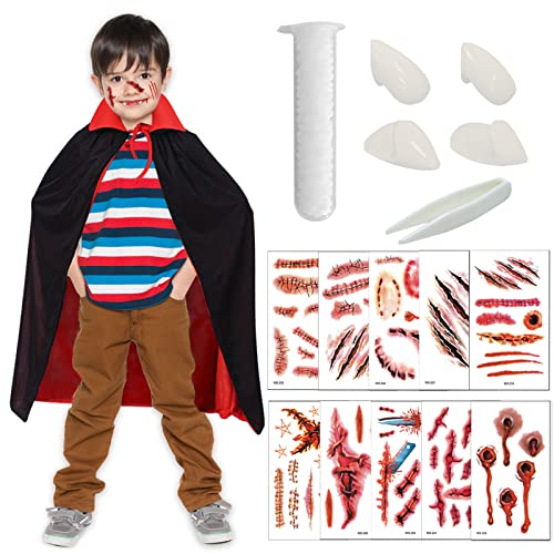 Luckeey Vampir Umhang Kinder 80cm, Karneval kostüm kinder, Schwarz Rot Doppelseitig Vampire Cape mit 10 Blatt Horror Wunden Tattoos für Karneval, Halloween & Motto Partys von Luckeey