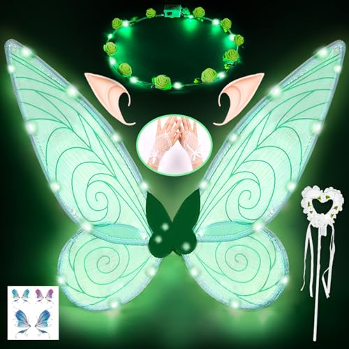 LED Schmetterlingsflügel Kinder Erwachsene, Feenflügel Grün mit Elfenohren, LED Fee Stirnband, Feenstab, Schmetterling Tattoo und Mesh-Handstulpen,Feen Kostüm Kinder für Karneval,Fasching,Mottopartys von Luckeey