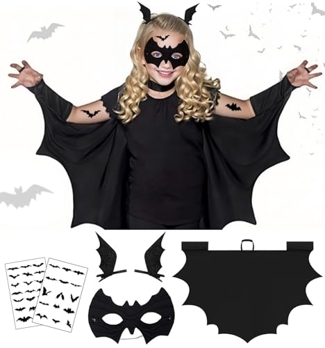 Fledermaus Kostüm Kinder, fledermaus Umhang & Maske & Leuchtend Tattoos & Fledermausflügel Haarspangen 6 Teilig Set, Vampir Kostüm, für Körpergröße 120-130CM Mädchen Jungen Halloween Karneval Party von Luckeey