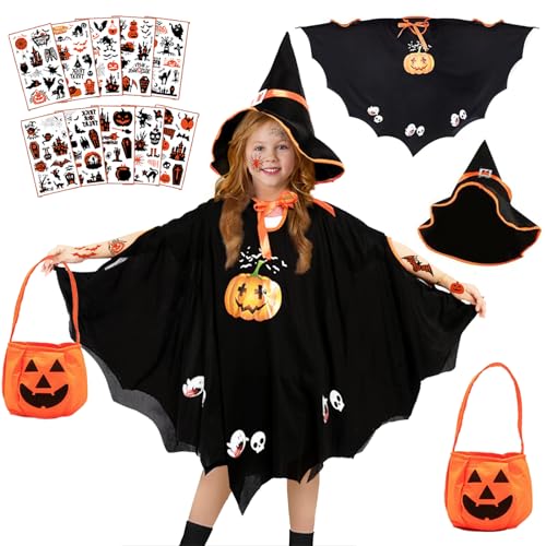 Luckeey Halloween Kostüm Kinder, Fledermaus Umhang Kinder, mit 1*Kürbis Tasche, 1*Hexenhut und 10*Halloween Tattoo, für Halloween Party Kinder, Geeignet für Höhe 90-150cm Mädchen Jungen Kinder von Luckeey