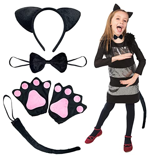 Luckeey Katzenkostüm Kinder, Katzenohren Haarreif Stirnband Fliege Schwanz Pfoten Handschuhe, Katzen Kostüme für Kinder Cosplay Halloween Kostüm Kinder Fasching Karneval Party von Luckeey