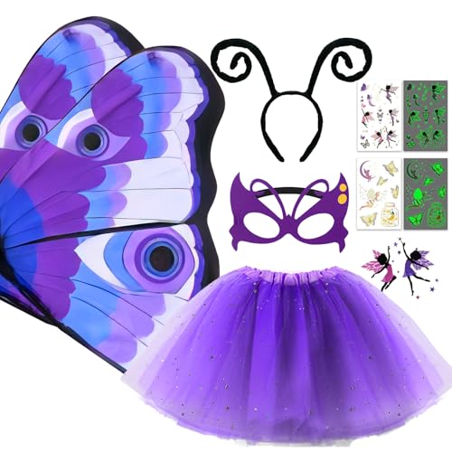 6 Stück Schmetterling Kostüm Kinder, Faschingskostüme Kinder Mädchen Schmetterlingsflügel Kinder Umhang mit Maske Tutu Rock Tüllrock Haarreif Tattoo, Karneval Kostüm Fasching Cosplay Gastgeschenke von Luckeey