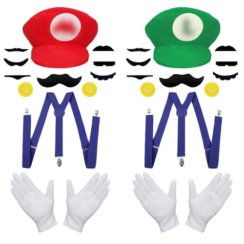 Luckeey Mario Luigi Kostüm Accessories Halloween-Kostüm, Mütze Hut Handschuhe Bart Gelbe Knöpfe Y-Back Hosenträger Kostüm für Verkleidung Halloween Cosplay Kostüm Cosplay für Kinder Damen Herren von Luckeey