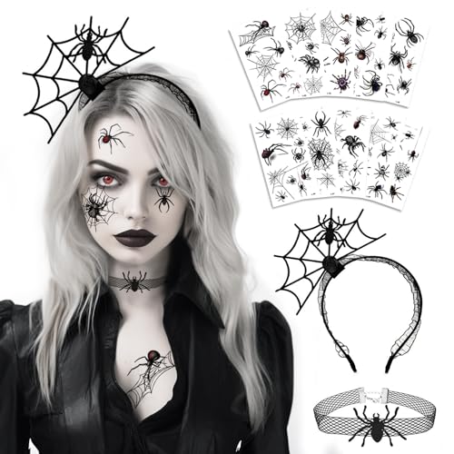 Luckeey Halloween Haarreif Spinne, Halsketten Spinnen Haarschmuck Frauen mit 10 Blätter Halloween Tattoos Spinne, Halloween Accessoires Damen für Halloween Party Kinder Erwachsene Schminke von Luckeey