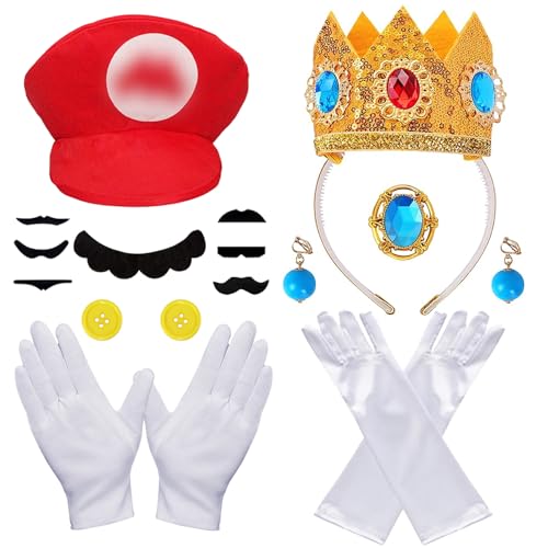 Partnerkostüme Erwachsene Kinder, Mario Kostüm + Peach Kostüm Kinder Damen, Mario Partnerkostüme Faschingskostüme Paare für Damen Herren Kinder, Fasching Karneval Cosplay Mottoparty Kostüm Zubehör von Luckeey