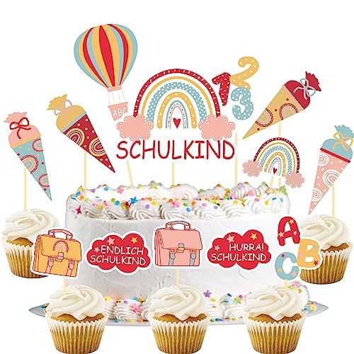 Tortendeko Einschulung Mädchen, 13Pcs Cake Topper Schulkind Kuchendeko Schulanfang, Zuckertüte ABC 123 Kuchen Deko, Endlich Schulkind 2024 Mädchen Geschenke Einschulung von Luckeey