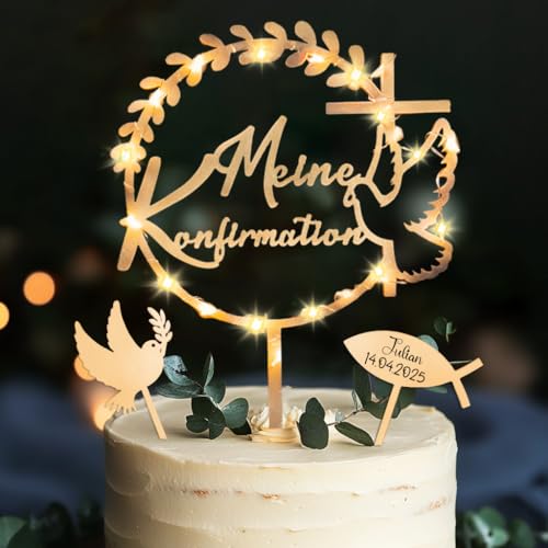 Tortendeko Konfirmation mit LED Lichterkette, Cake Topper Meine Konfirmation Holz & 36 Stück Holz Fische Streudeko Tischdeko & Taube Fisch Kuchen Deko, Konfirmation Deko Junge Mädchen Geschenke von Luckeey