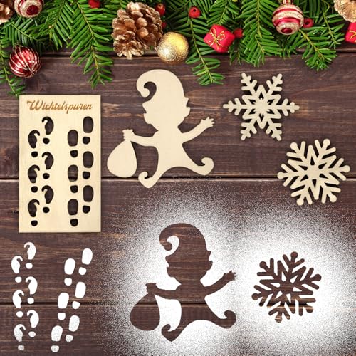 Wichtel Zubehör Weihnachten, Wichtel Schablone Holz, Kreativset Wichtel Fußabdrücke Schneeflocke Schablone, Miniatur Wichteltür Zubehör Wichtelspuren, Weihnachtsdekoration 4pcs von Luckeey