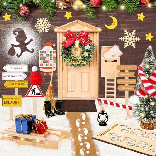 Wichteltür Set - Wichteltür Komplettset mit Licht, Baustelle Miniatur Wichtel Zubehör Weihnachten, Interaktive Karten Adventskalender, DIY Kinder, Weihnachtsdekoration von Luckeey