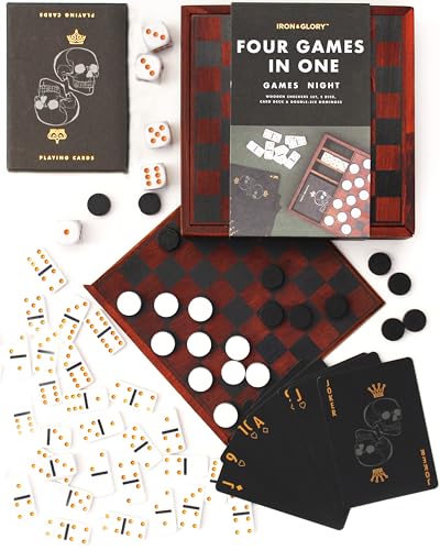 Iron & Glory Games Night | Spiele für Erwachsene für den Spieleabend | 4 in 1 Spiele für Erwachsene | Spiele in Reisegröße & Tischspiele | Klassische Brettspiele | Inklusive Spielkarten, Domino-Set & von Luckies of London