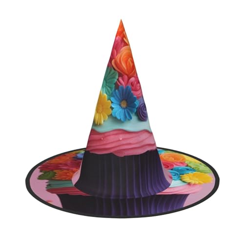 Bunter Regenbogen-Blume, Kuchen-Druck, Halloween-Hexenhut, einzigartiger Steeple-Top-Kostüm, Hut für Damen, Party, Festival von Luckily&Day