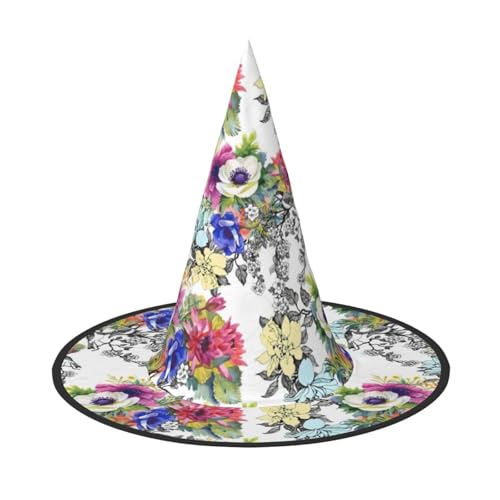 Hexenhut mit Blumen, Vögeln, Blättern, Zweigen, Druck, Halloween, einzigartiger Steeple-Top-Kostüm, Hut für Frauen, Party von Luckily&Day