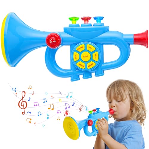 Kinder-Trompete Spielzeug, Luckits Tragbares Trompetenhorn mit Musik, Kunststoff-Kindertrompetenspielzeug mit Leichter Musik, Liederliste, Trompetenspielzeug Geschenk an Jungen Mädchen (Blue) von Luckits