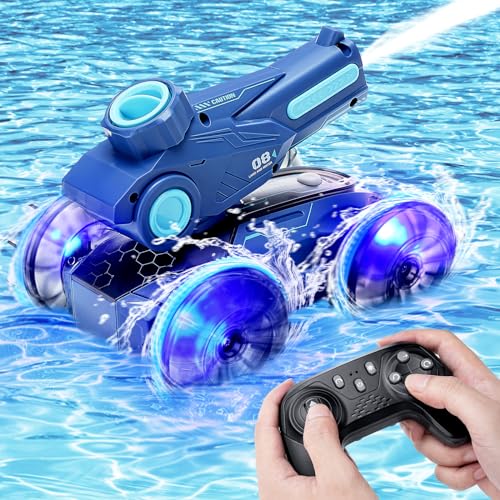 Luckits Amphibious Fernbedienungsauto Amphibious Stunt Fahrzeug Radio kontrolliertes Auto mit Sprühwasser/Licht 360 ° wasserdichte Fernbedienungssteuer Wasserkanonen für Kid Boy Girl in Rasenlandpool von Luckits