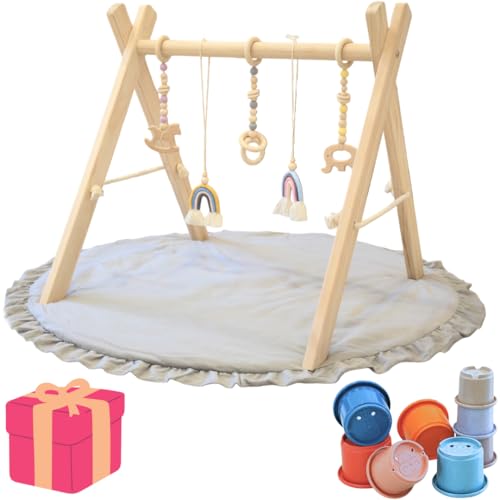 Lucknel® Montessori Spielbogen Baby Holz, Baby Spielbogen mit Hängenden Spielzeugen und Bonus-Stapelbechern, Gym für Hand-Augen-Koordination, Waschbare Matte, Abnehmbarer Bezug, Sicherer Spielteppich von Lucknel