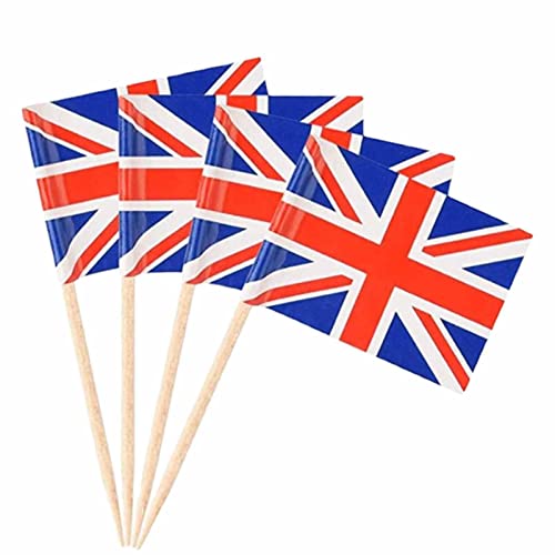 100 Stück Union Jack Zahnstocher, König Charles III. Krönung Tortenaufsätze Kuchendekorationen Union Jack Partyzubehör Kuchenaufsätze für Lebensmittel, Sandwich, Cupcake, Pub, BBQ, Royal Event Décor von Luckxing