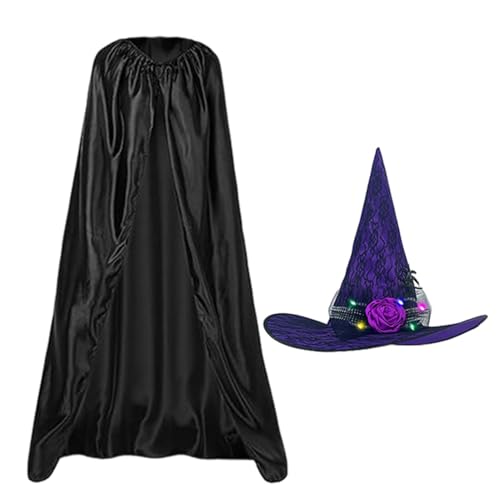 Halloween Kostüm Cape Halloween Hexenkostüm Damen Schwarzer Umhang Mit Leuchtendem Hexenhut Halloween Kostüm Damen Hexe Vampir Erwachsener Cosplay Party Für Erwachsene Für Kostüm-Rollenspiele von Luckxing