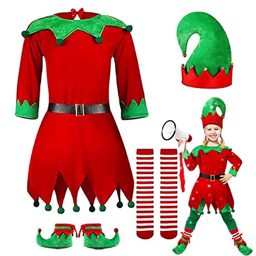 Luckxing Weihnachtswichtel Kostüm-Set Für Kinder Weihnachtskostü Im Komplett-Set U/A Unisex Kinder Weihnachten Kostü Weihnachten Outfit Weihnachtself Fancy Dress Mit Hut Schuhe Gürtel Strü pfe von Luckxing