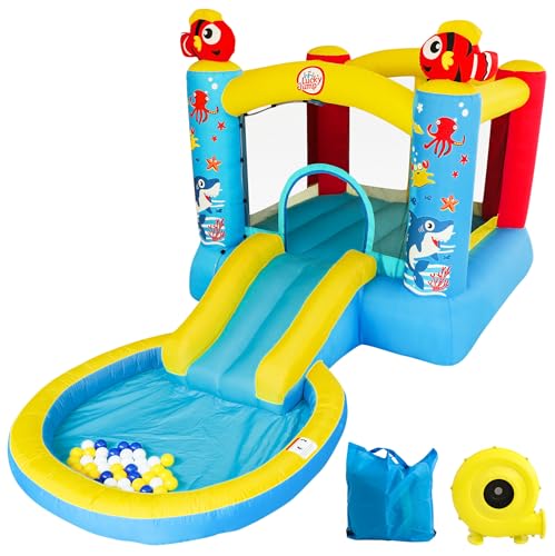 LuckyJump Hüpfburg Outdoor mit Gebläse, mit auffangbecken Wasserrutsche, bietet Platz für 1-3 Kinder, Meeres Thema hüpfburg, (380x213x187cm) (Wasserrutsche) von LuckyJump