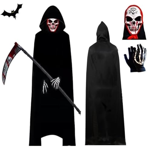 LuckyQianyi 4er Set Sensenmann Verkleidung für Erwachsene und Kinder, Schwarzer Sensenmann Umhang mit Totenkopfmaske und Handschuhen, Halloween, Cosplay, Mardi Gras Sensenmann Kostüm (Adult) von LuckyQianyi