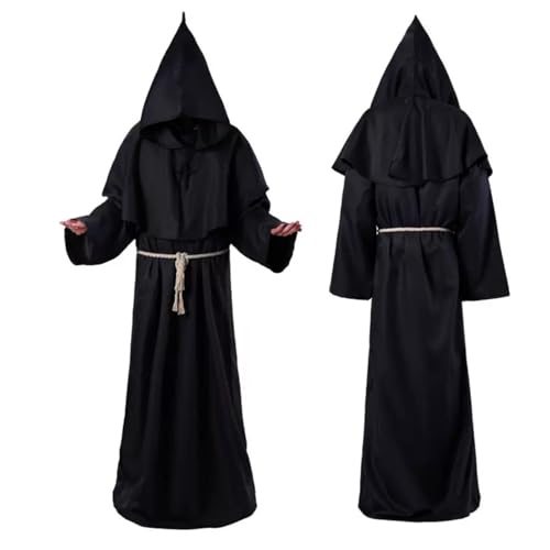 LuckyQianyi Halloween Mönch Kostüm, Horror Kostüm, Priester Robe, Umhang, schwarzes Kostüm, mittelalterliche Robe, Kreuz, Seil, Herrenmantel, Gothic, Ritter, Plus Size Kostüm, Cosplay (black, XL) von LuckyQianyi