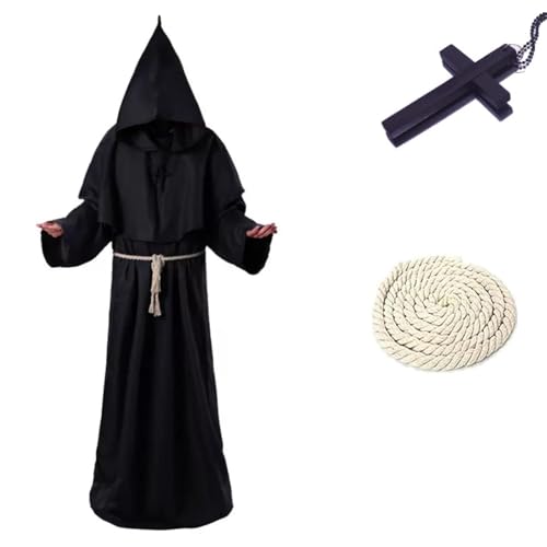 LuckyQianyi Halloween Mönch Kostüm, Horror Kostüm, Priester Robe, Umhang, schwarzes Kostüm, mittelalterliche Robe, Kreuz, Seil, Herrenmantel, Gothic, Ritter, Plus Size Kostüm, Cosplay (black, M) von LuckyQianyi