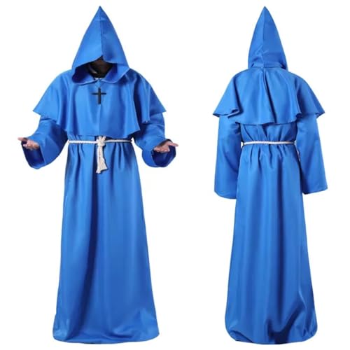 LuckyQianyi Halloween Mönch Kostüm, Horror Kostüm, Priester Robe, Umhang, schwarzes Kostüm, mittelalterliche Robe, Kreuz, Seil, Herrenmantel, Gothic, Ritter, Plus Size Kostüm, Cosplay (blue, XXL) von LuckyQianyi