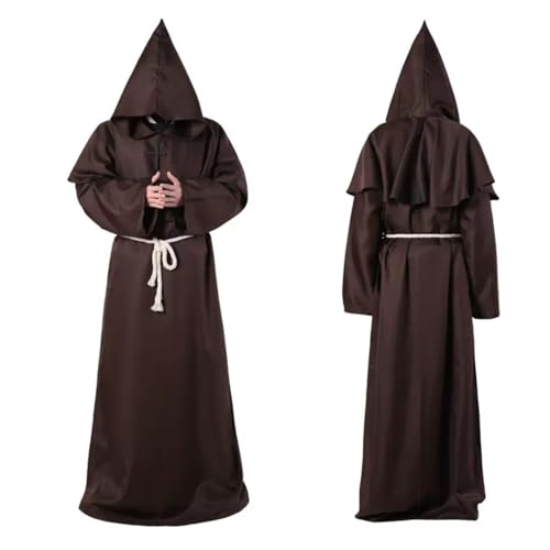 LuckyQianyi Halloween Mönch Kostüm, Horror Kostüm, Priester Robe, Umhang, schwarzes Kostüm, mittelalterliche Robe, Kreuz, Seil, Herrenmantel, Gothic, Ritter, Plus Size Kostüm, Cosplay (brown, XXL) von LuckyQianyi