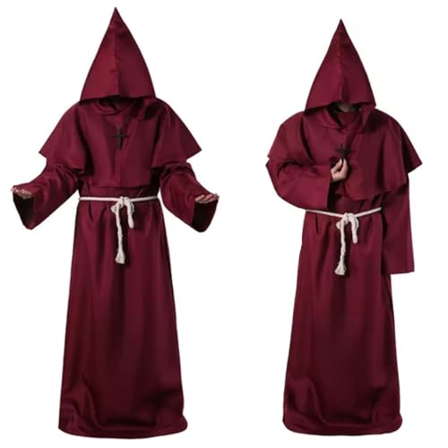 LuckyQianyi Halloween Mönch Kostüm, Horror Kostüm, Priester Robe, Umhang, schwarzes Kostüm, mittelalterliche Robe, Kreuz, Seil, Herrenmantel, Gothic, Ritter, Plus Size Kostüm, Cosplay (claret, L) von LuckyQianyi