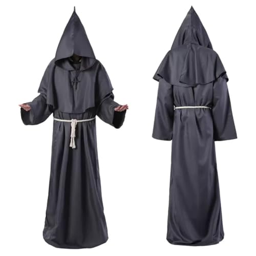 LuckyQianyi Halloween Mönch Kostüm, Horror Kostüm, Priester Robe, Umhang, schwarzes Kostüm, mittelalterliche Robe, Kreuz, Seil, Herrenmantel, Gothic, Ritter, Plus Size Kostüm, Cosplay (grey, XXL) von LuckyQianyi