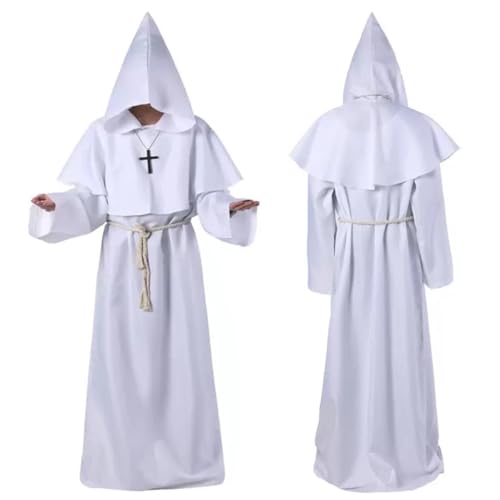 LuckyQianyi Halloween Mönch Kostüm, Horror Kostüm, Priester Robe, Umhang, schwarzes Kostüm, mittelalterliche Robe, Kreuz, Seil, Herrenmantel, Gothic, Ritter, Plus Size Kostüm, Cosplay (white, XXL) von LuckyQianyi