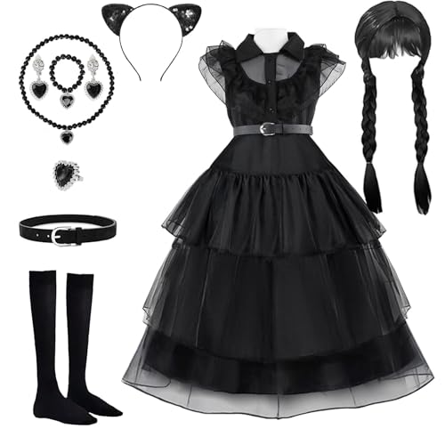 LuckyQianyi Mittwoch Kostüm Kleid Damen Schwarzes Kinder Gotisch Kostüm Erwachsener Mittwoch Familie Kostüm，Cosplay Kleider Fasching Halloween (A, 110CM) von LuckyQianyi