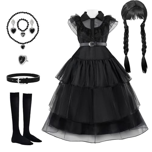 LuckyQianyi Mittwoch Kostüm Kleid Damen Schwarzes Kinder Gotisch Kostüm Erwachsener Mittwoch Familie Kostüm，Cosplay Kleider Fasching Halloween (A, 140CM) von LuckyQianyi