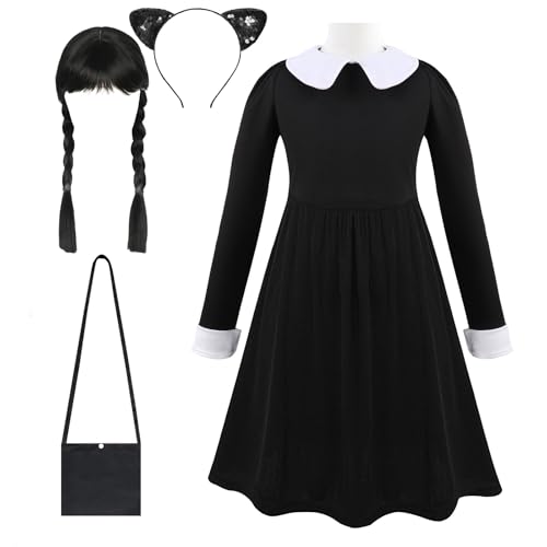 LuckyQianyi Mittwoch Kostüm Kleid Damen Schwarzes Kinder Gotisch Kostüm Erwachsener Mittwoch Familie Kostüm，Cosplay Kleider Fasching Halloween (B, 110CM) von LuckyQianyi