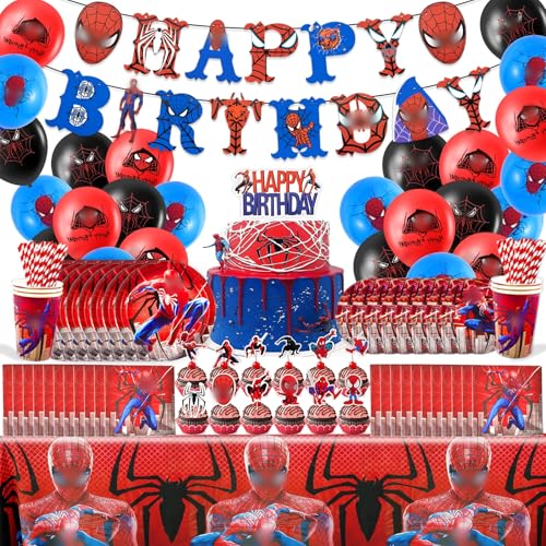 135Pcs Spider Kindergeburtstag Geschirr Deko Jungen- Rot Geburtstag Partygeschirr Set mit Luftballon Balloon Happy Birthday Geburtstagsdeko Girlande Pappteller Tortendeko Party Supplies für 10 Gäste von Luclay