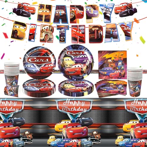 Car Geburtstagdeko Auto Partygeschirr Set Junge-52Pcs Rennauto Pappteller Tischdecke Happy Birthday Banner Kindergeburtstag Geburtstagsdeko Geschirr Teller Servietten Tassen Party Tableware Supplies von Luclay