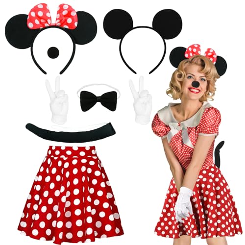 Damen Karneval Kostüm Maus Mouse- Tüllrock Rock Rot Tutu mit Weiß Gepunktet Miky Maus Haarreifen Handschuhe Nase Krawatten Schwanz Mouse Cosplay Accessoire Set für Mädchen Kostüm Fasching Mottoparty von Luclay