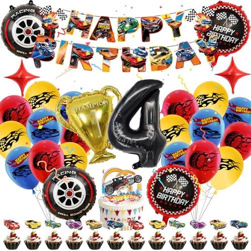 Luclay Fire Wheel Luftballons 4 Jahre Kinder Geburtstag Deko Mädchen - 40Pcs Geburtstagsdeko Hintergrund, Latexballons Tortendeko Geburtstag, Folienballon Racing Car für Party, Kindergeburtstage von Luclay