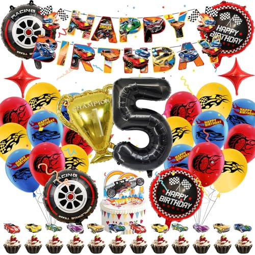 Luclay Fire Wheel Luftballons 5 Jahre Kinder Geburtstag Deko Mädchen - 40Pcs Geburtstagsdeko Hintergrund, Latexballons Tortendeko Geburtstag, Folienballon Racing Car für Party, Kindergeburtstage von Luclay