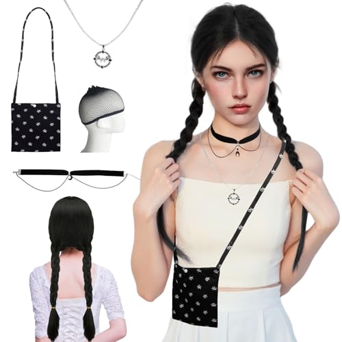 Halloween Schwarze Geflochtene Perücken für Mädchen Damen- Mittwochs Mittelteil Zöpfen Perücke Lang Kinder Kostüm mit Halskette Tasche Halloween Karneval Fasching Mottoparty Tägliche Cosplay Zubehör von Luclay